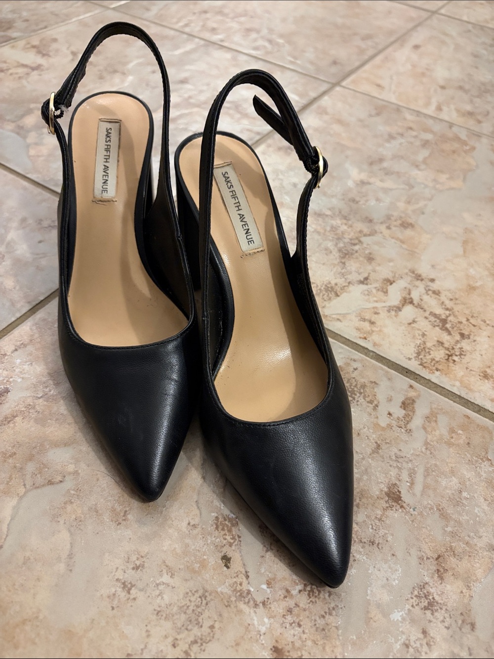 Saks Fifth Avenue Black Pointed Leather Slingback Heels